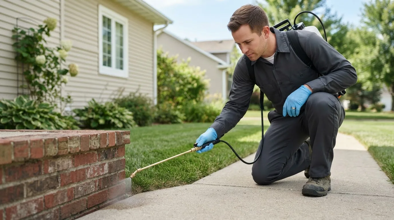 Pest control technician treating a home near Hallettsville, TX