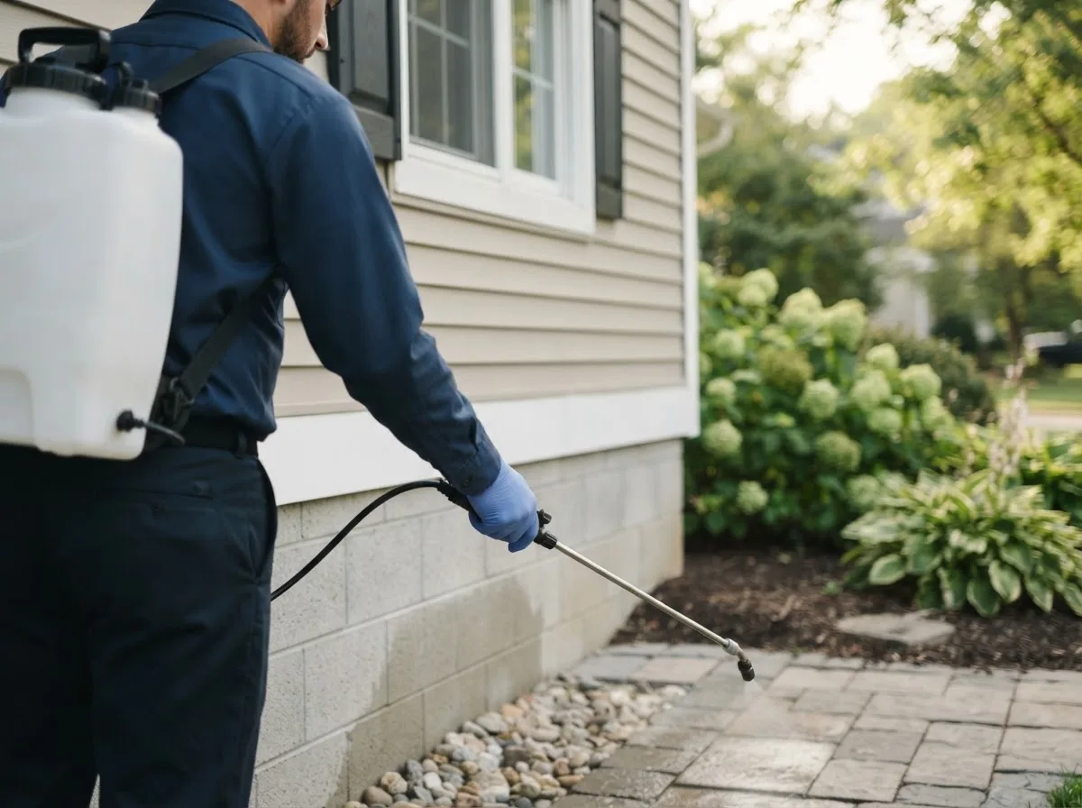 Pest control technician inspecting a home in Hallettsville, TX